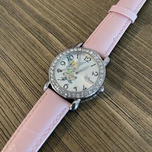 DISNEY TINKER BELL WRIST WATCH WITH RHINESTONES: LEATHER PINK BAND
